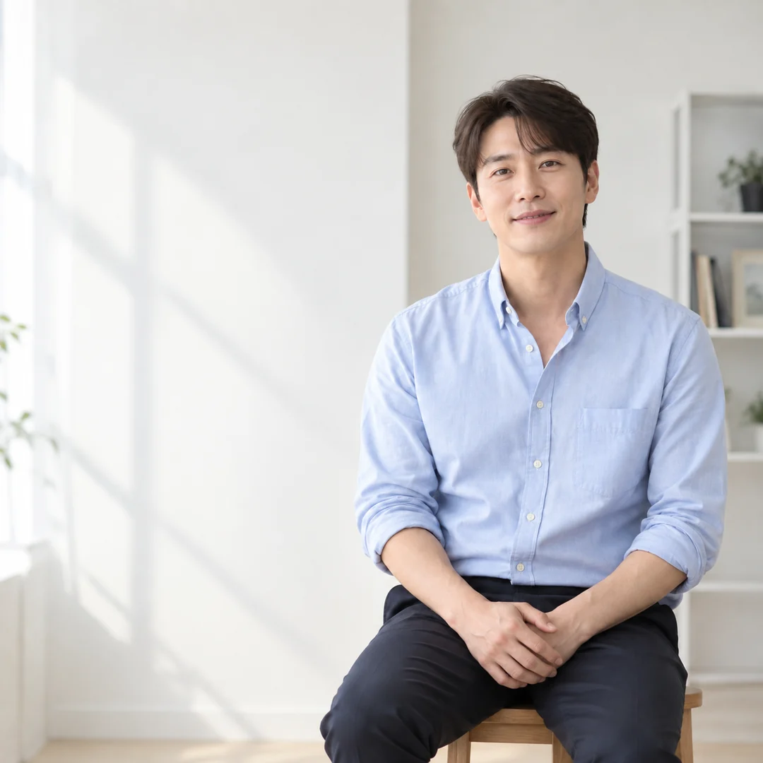 밝은 벽 앞에서 편안하게 웃는 30대 남성