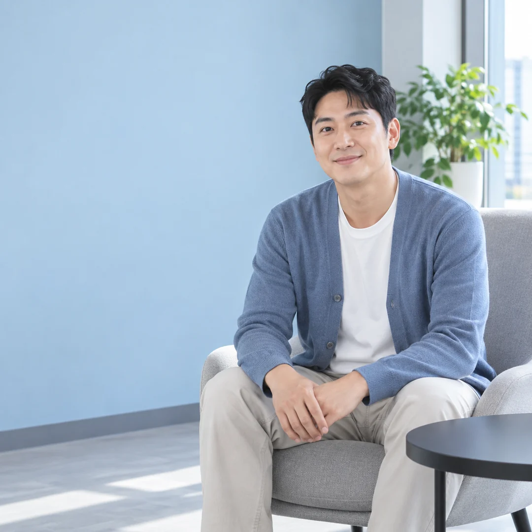 밝은 창가 의자에 앉아 편안하게 웃는 30대 남성