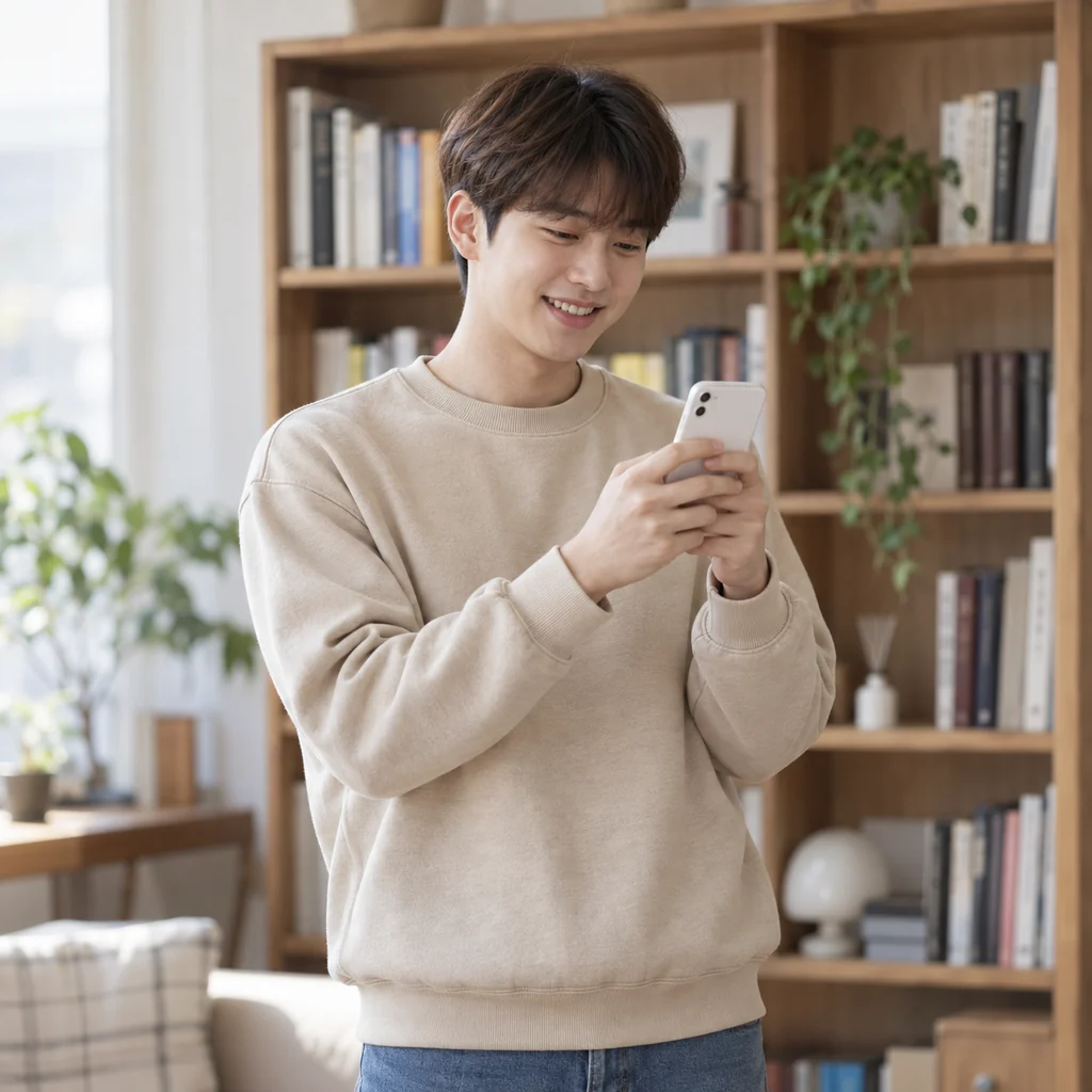 책장 앞에서 스마트폰으로 할부 개월을 확인하는 20대 남성