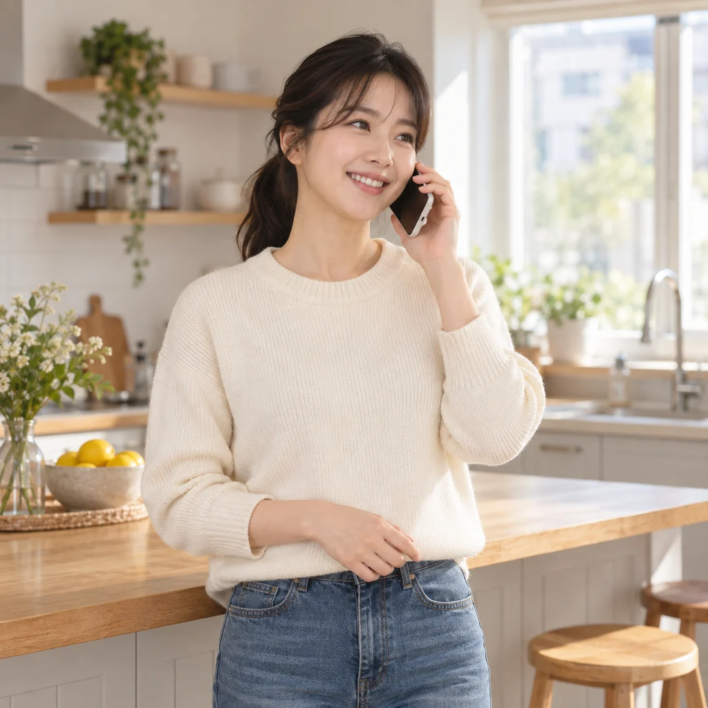 주방에서 전화로 상담 안내를 들으며 웃는 20대 여성